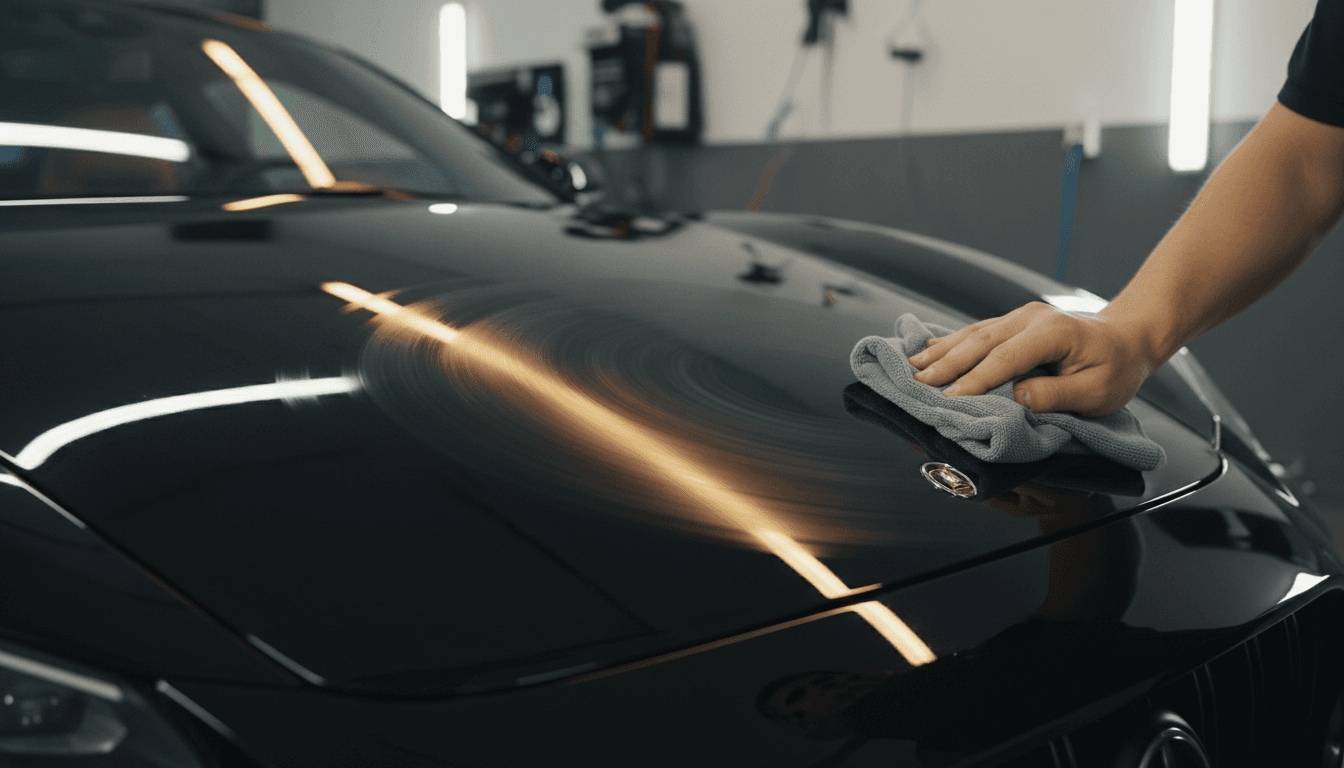 Close-up of luxurious black car paint being polished with precision