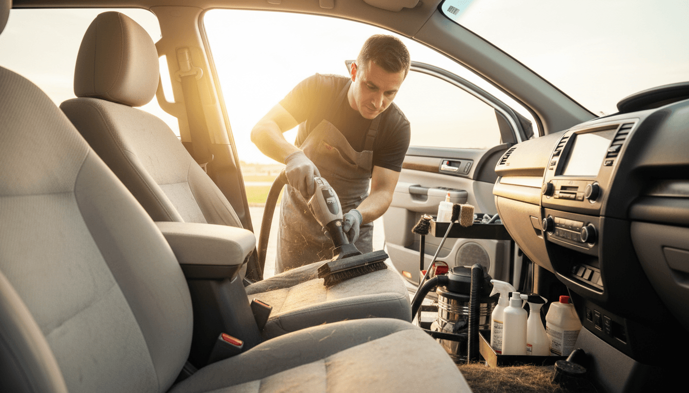 Technician using specialized tool to extract pet hair from vehicle seating
