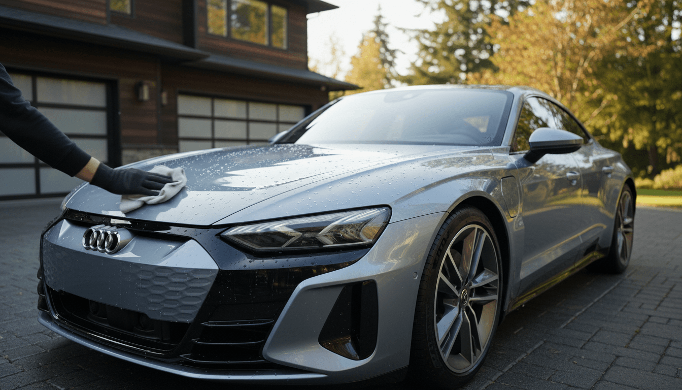 Luxury sedan being detailed with microfiber cloth in bright daylight