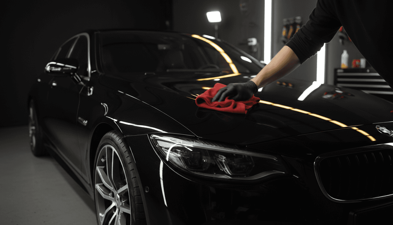 Professional detailing technician polishing a luxury vehicle's hood with precision