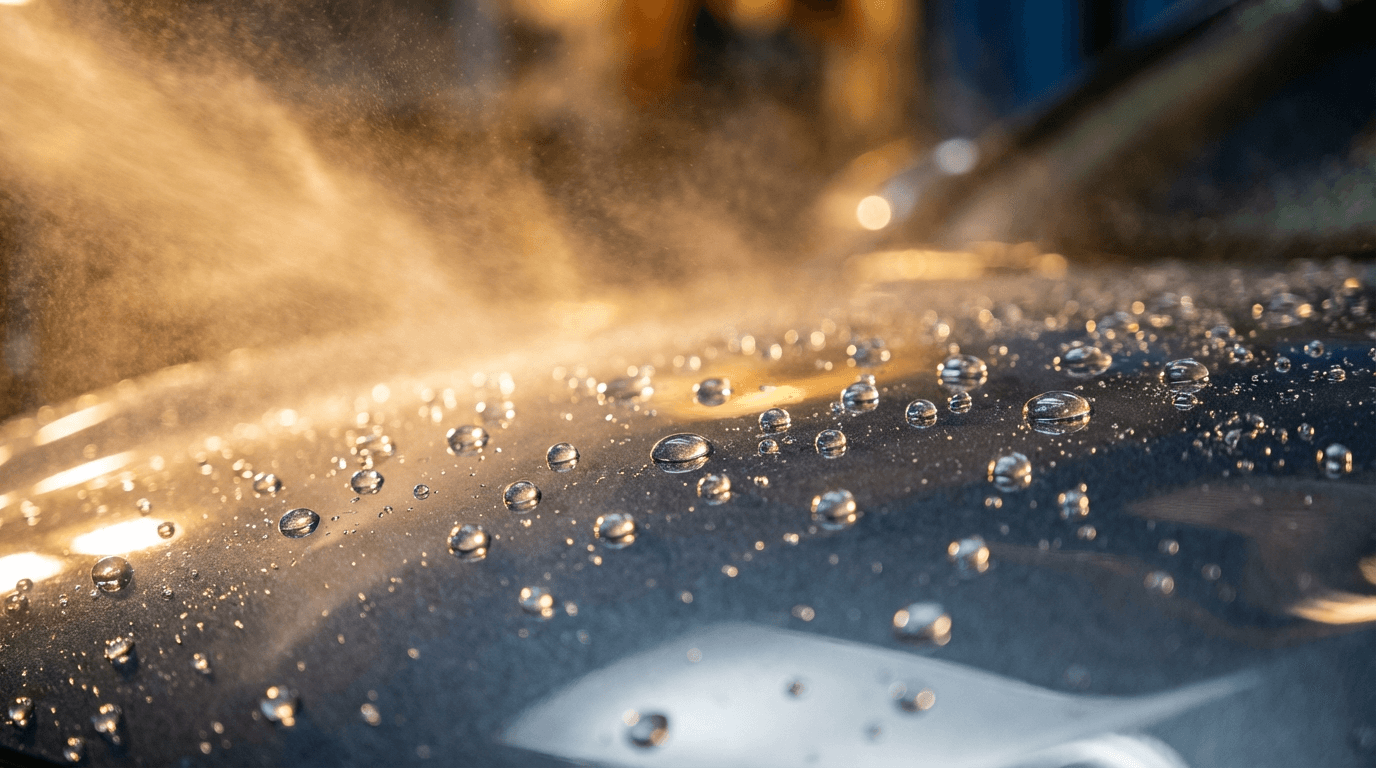 Water beads on perfectly detailed black car paint