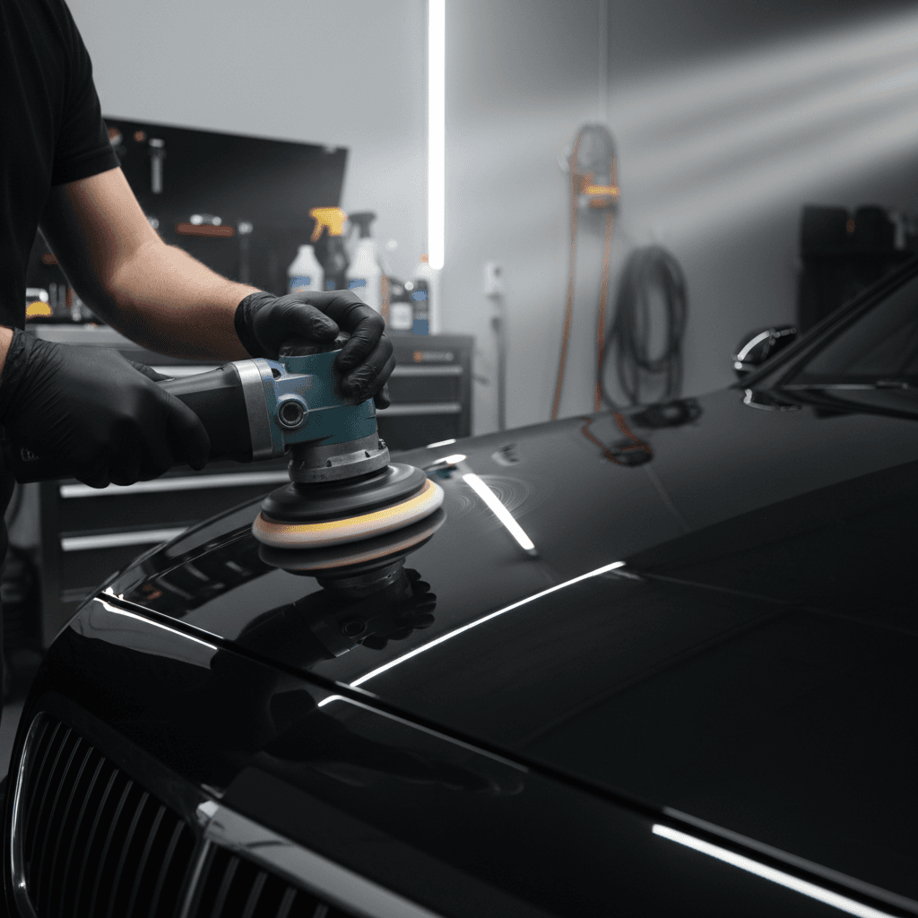 Professional detailer polishing a luxury car exterior with microfiber cloth, emphasizing precision and shine