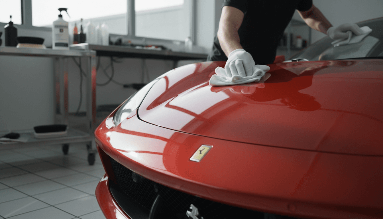 Master technician's hands polishing exotic supercar hood to pristine finish in luxury service bay