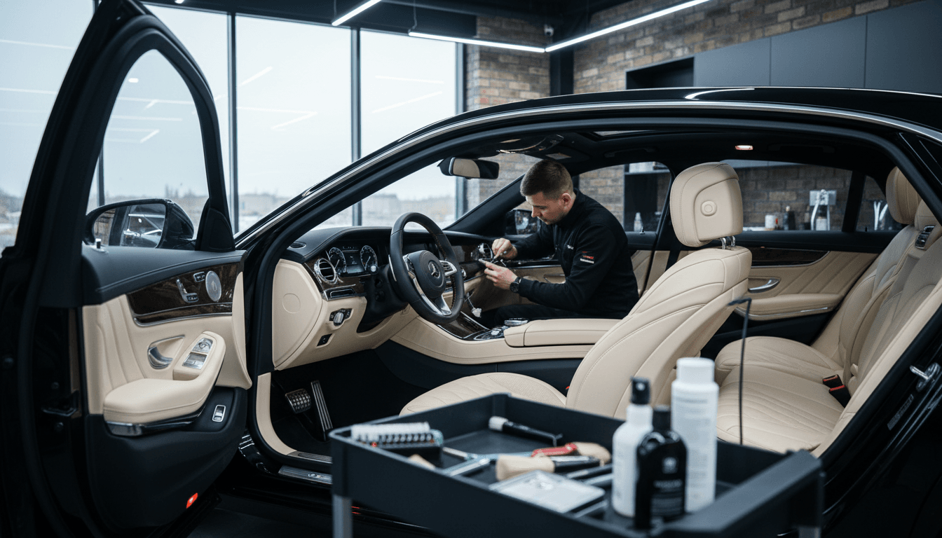 Professional detailer restoring luxury sedan interior with specialized tools and precision craftsmanship