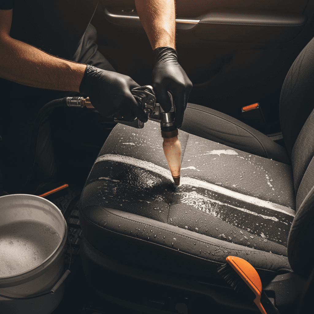 Detailer using extraction equipment to shampoo vehicle interior upholstery and seats