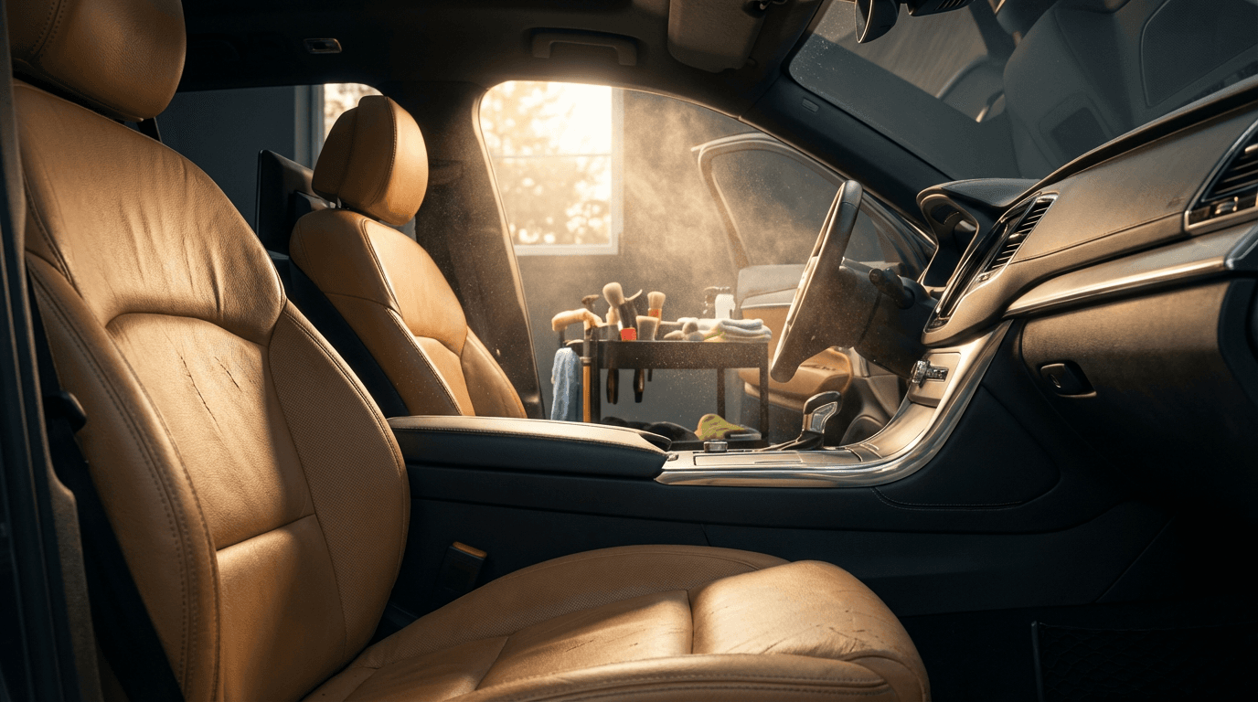 Close-up of interior leather care during ONYX AUTO SPA detailing service
