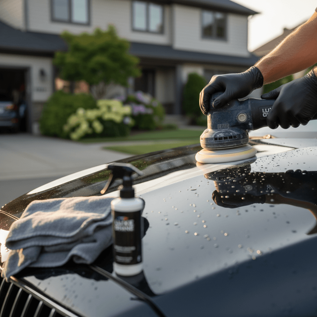 Detailer's gloved hands polishing vehicle hood with professional buffer, creating glossy protective finish in driveway setting